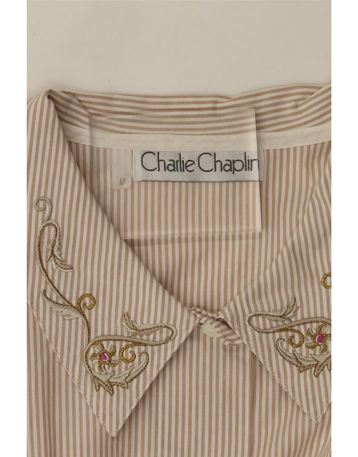 Koszula damska Vintage UK 14, bawełniana w prążki, w kolorze średniego beżu