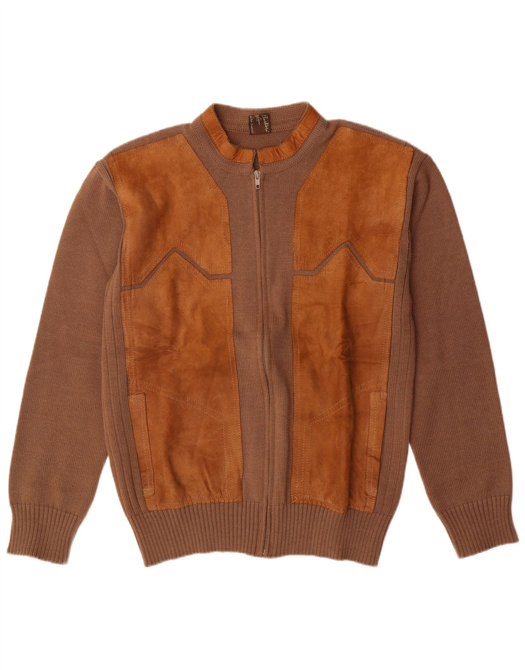 Męski zamszowy sweter rozpinany VINTAGE IT 52, duża brązowa wełna z blokami kolorów