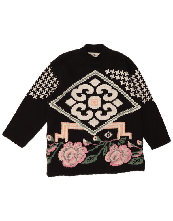 Sweter damski VINTAGE z golfem UK 16, duży, czarny, z wełną w kwiaty