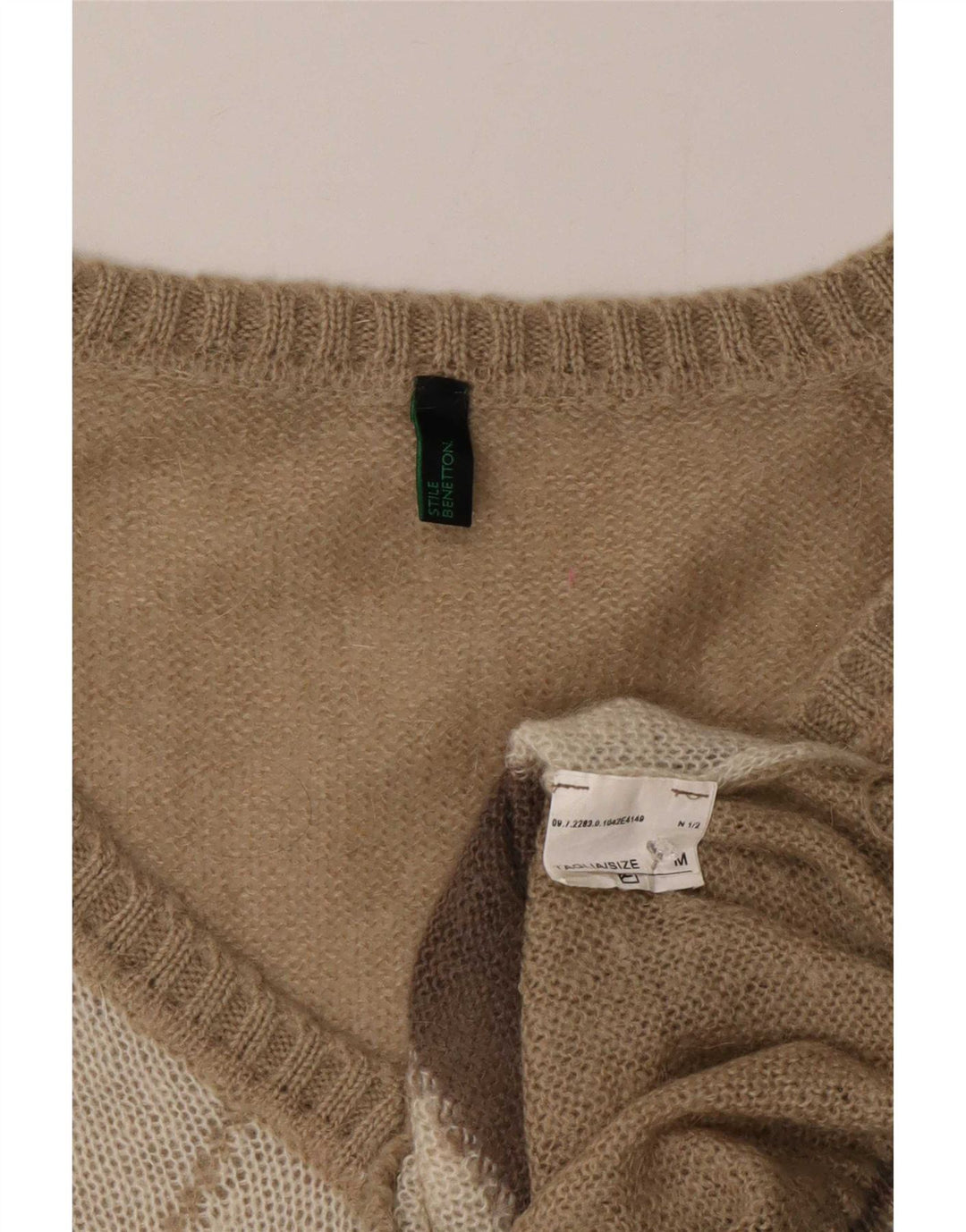 Sweter damski Benetton z dekoltem w kształcie litery V, UK 14, średni beż, argyle/diament
