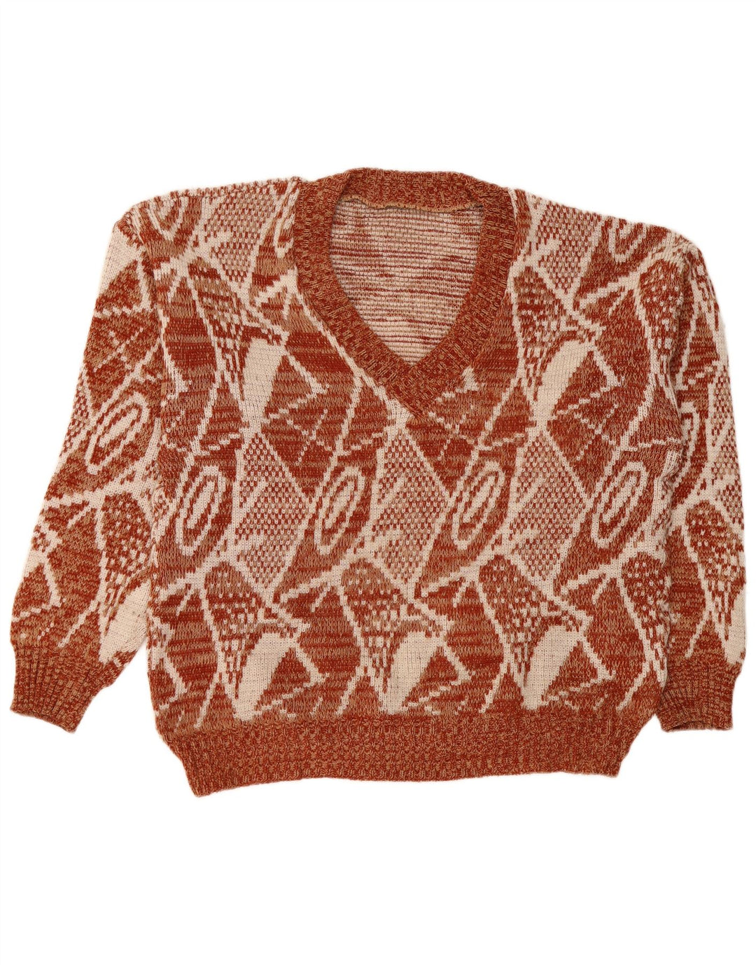 VINTAGE Womens V-Neck Jumper Sweater UK 14 Large  Brown Geometric