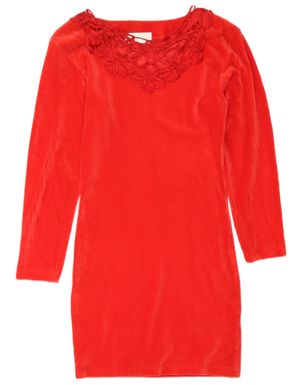 Vintage damska aksamitna sukienka z długim rękawem UK 14, średnia czerwona w kwiaty