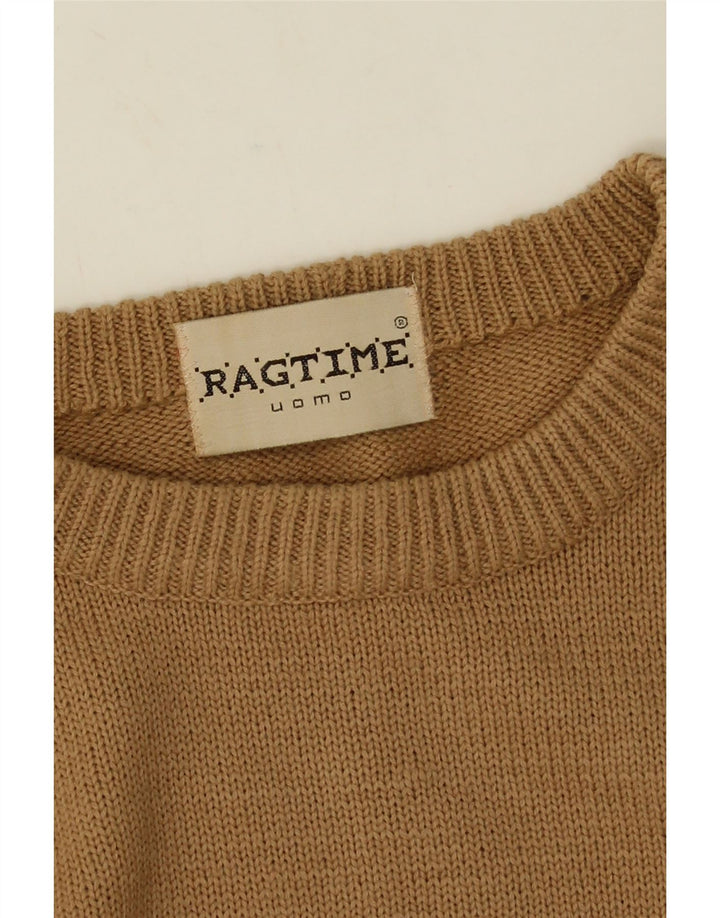 Vintage męski sweter z wycięciem pod szyją, duże brązowe paski