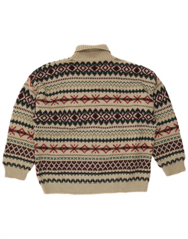Sweter męski w stylu vintage z wywijanym dekoltem, średni beż, wełna Fair Isle