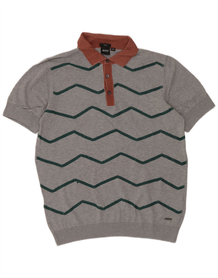 Męski sweter polo z krótkim rękawem Hugo Boss, średni szary Chevron