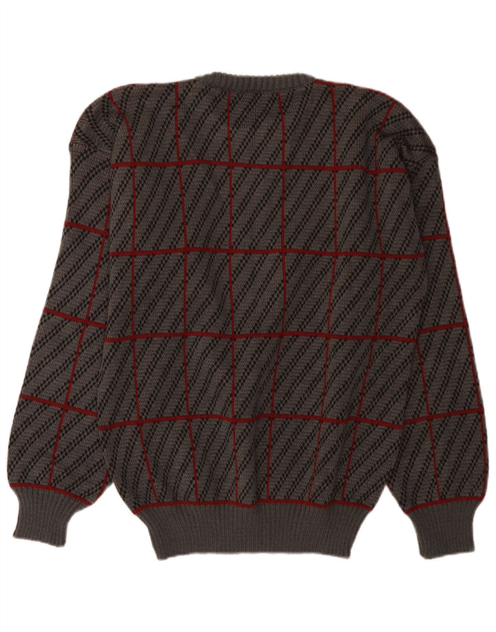 Vintage męski sweter z wycięciem pod szyją IT 50, średni szary, akryl w kratę