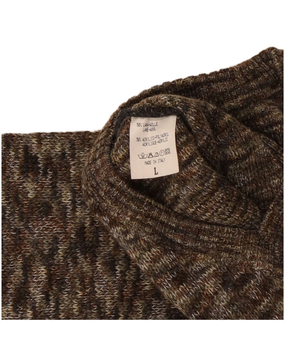 Męski sweter w stylu VINTAGE z dekoltem w szpic, duży, brązowy, wełniany w cętki