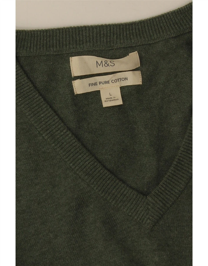 MARKS & SPENCER Męski sweter z dekoltem w kształcie litery V, duży, zielony, bawełniany