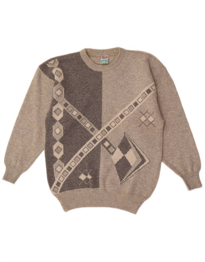 Męski sweter Shetland Jeneros z okrągłym dekoltem, średnioszary, geometryczny