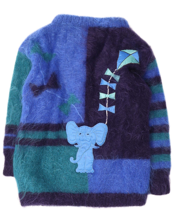 Sweter damski w stylu vintage z grafiką, UK 16, duży niebieski blok kolorów