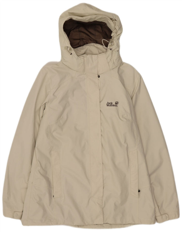 Damska kurtka wiatrówka z kapturem Jack Wolfskin UK 16, duża, beżowa, poliamidowa