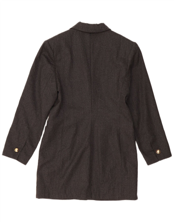 Vintage damska marynarka o przedłużonym fasonie, zapinana na 1 guzik, US 2 XS, szara wełna