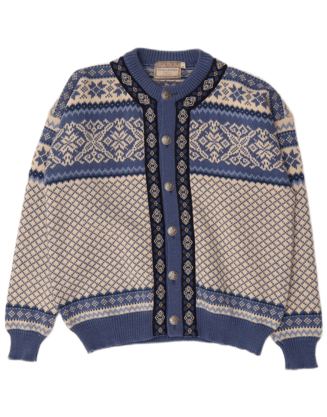 Vintage męski sweter rozpinany, średni niebieski Fair Isle