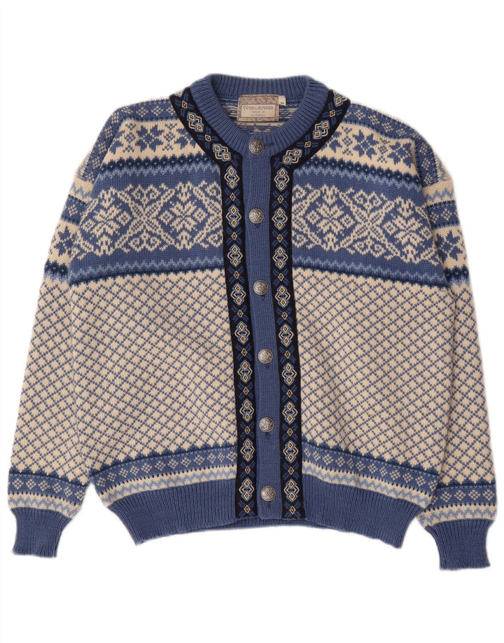Vintage męski sweter rozpinany, średni niebieski Fair Isle