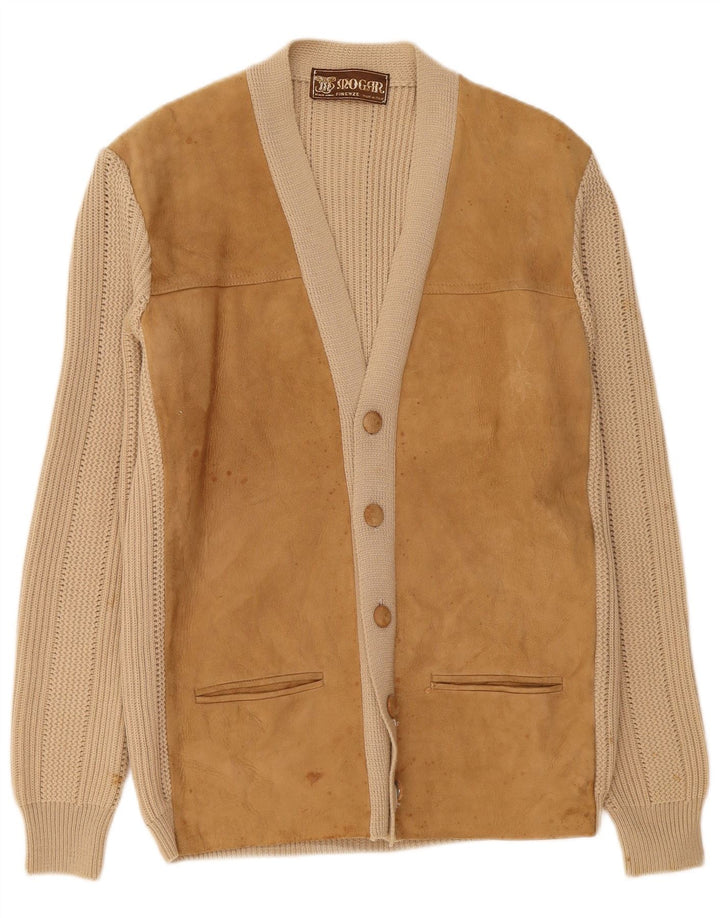 Vintage męski sweter rozpinany IT 50 średniej beżowej skóry