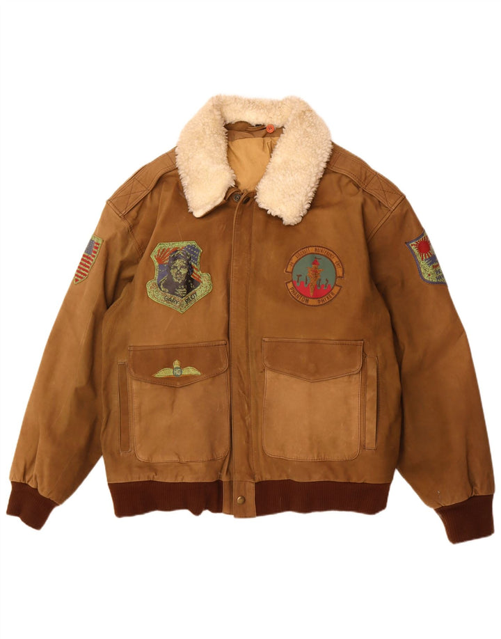 Męska kurtka skórzana w stylu vintage z grafiką IT 56 3XL brązowa