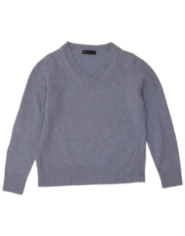 Sweter damski Marks & Spencer z dekoltem w kształcie litery V, UK 12, średni niebieski, wełna owcza