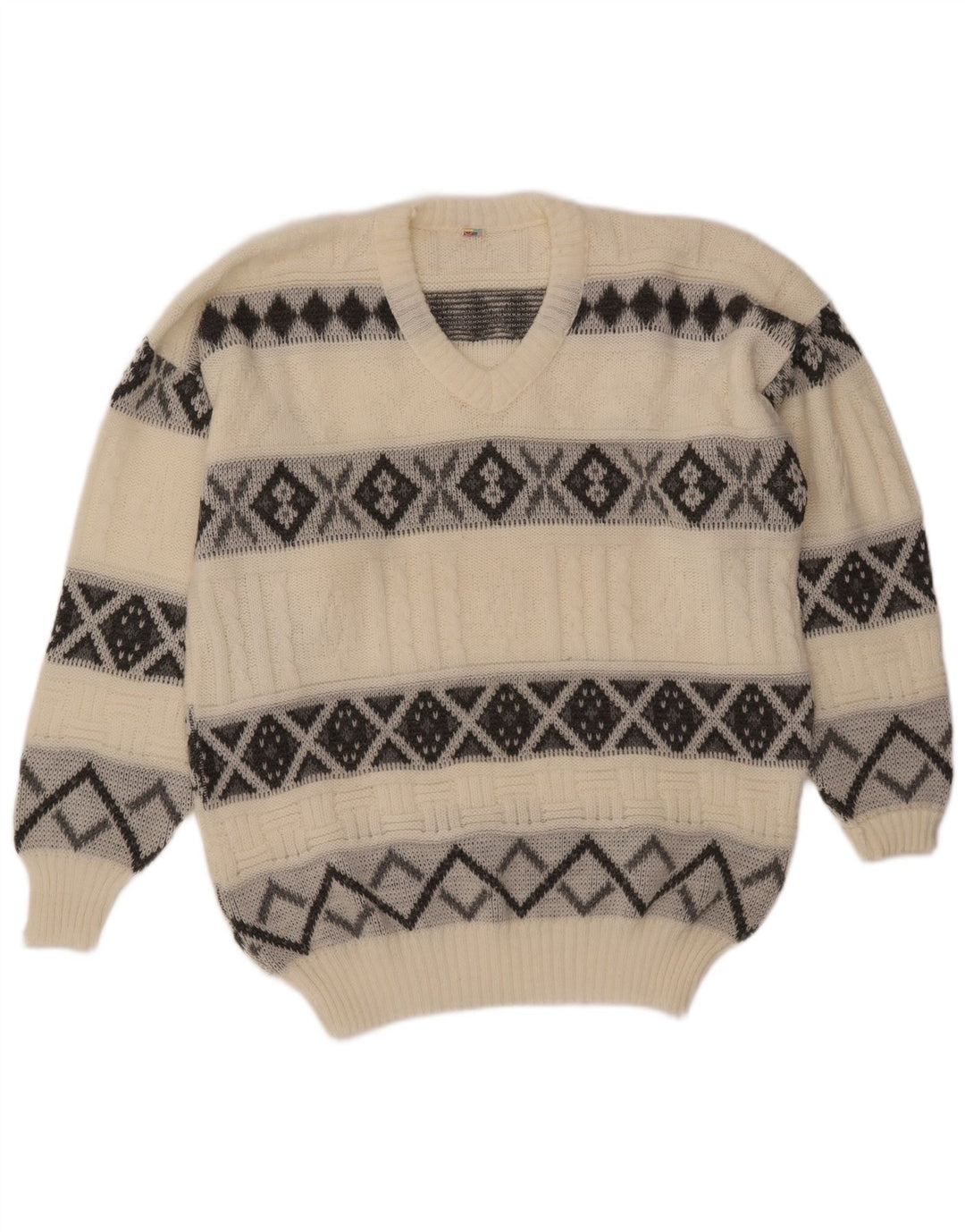Męski sweter VINTAGE z dekoltem w kształcie litery V, duży, w kolorze złamanej bieli, Fair Isle