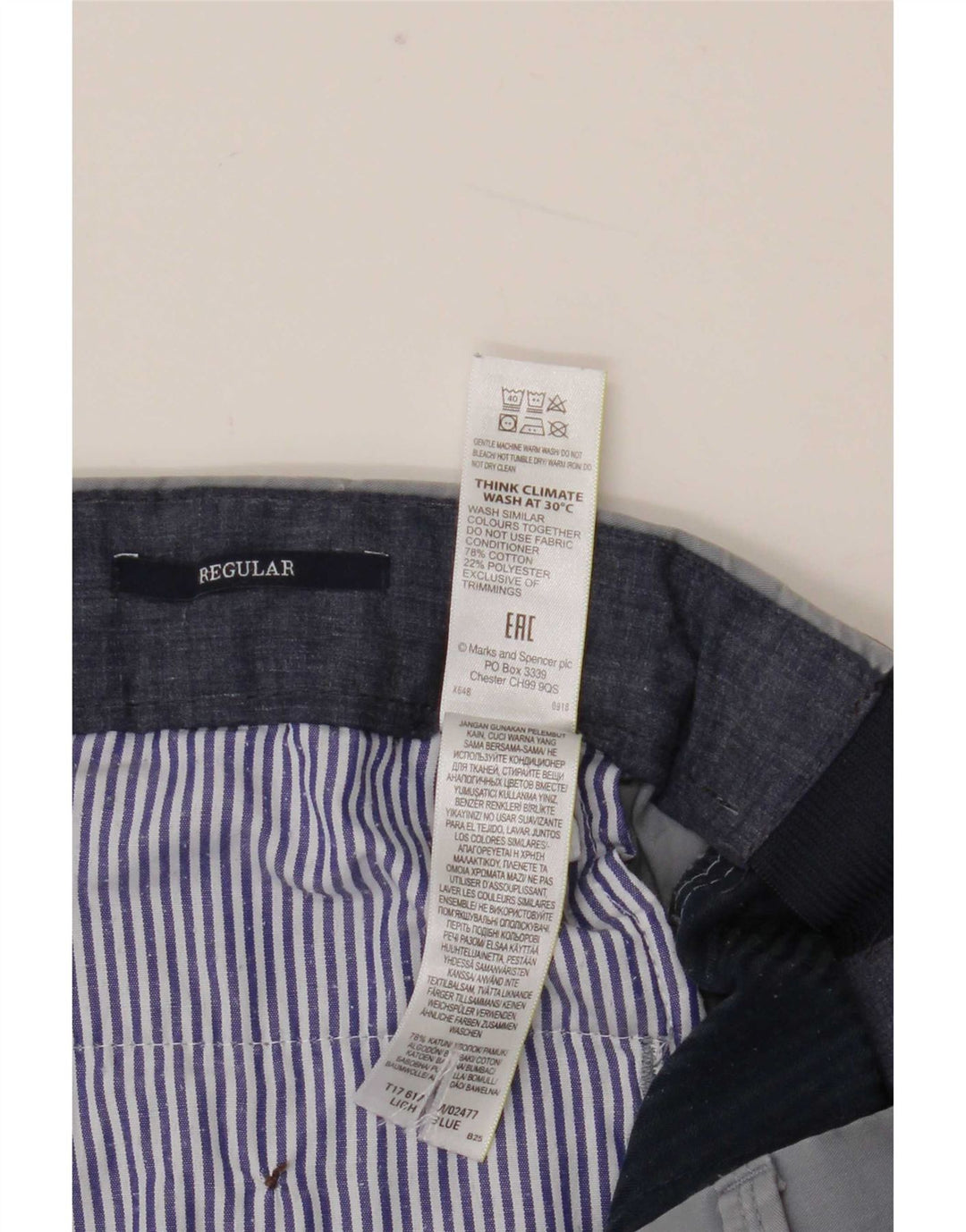 Marks & Spencer Męskie proste spodnie garniturowe W34 L29 Niebieskie bawełniane