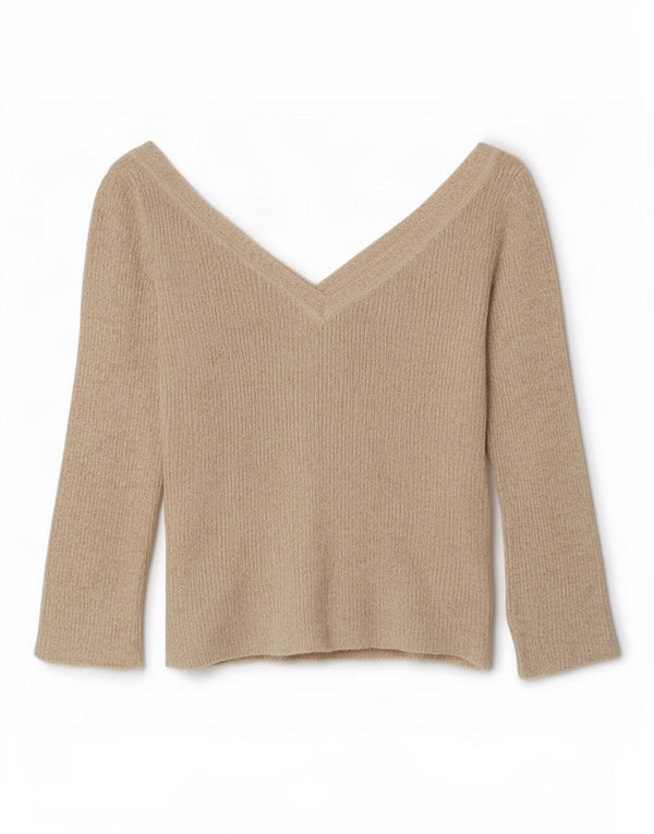 Sweter damski Zara z krótkim rękawem 3/4 i dekoltem w kształcie litery V, UK 14, duży, beżowy, nakrapiany