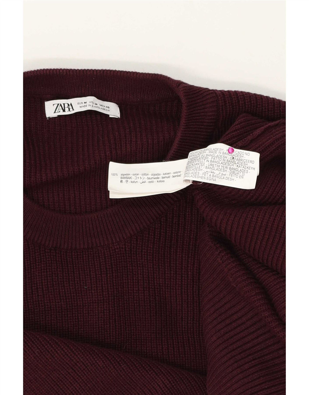 Męski sweter Zara z okrągłym dekoltem, średnia bordowa bawełna
