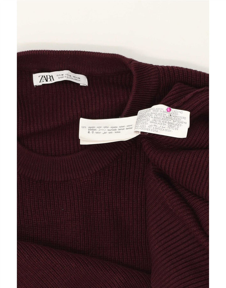 Męski sweter Zara z okrągłym dekoltem, średnia bordowa bawełna