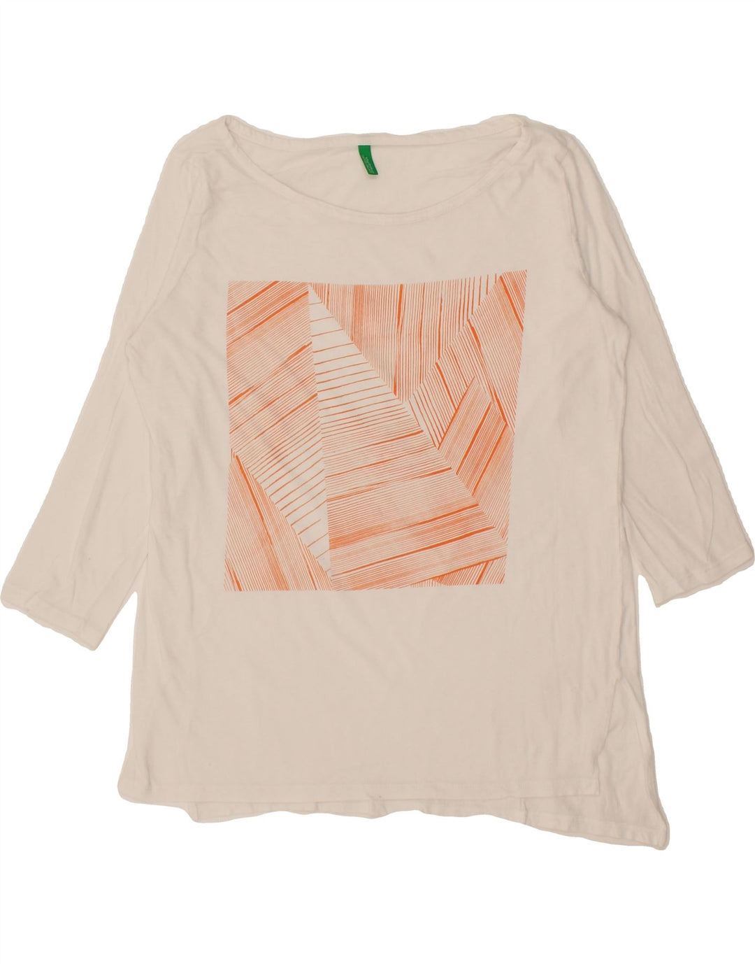 BENETTON Womens Asymmetric Graphic Top 3/4 Sleeve UK 14 Medium White Vintage Benetton and Second-Hand Benetton from Messina Hembry 