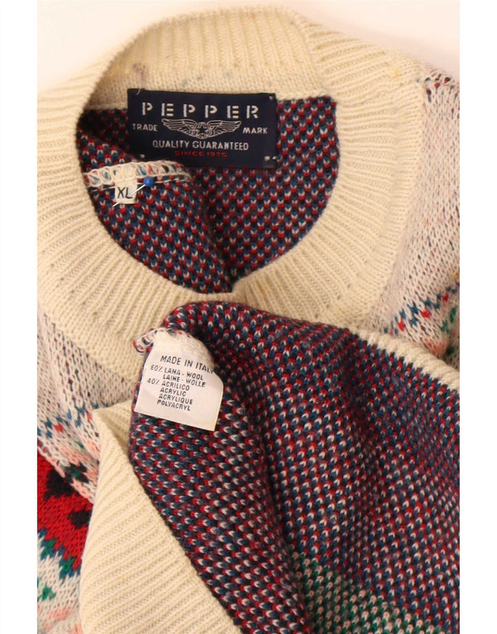 Vintage męski sweter z okrągłym dekoltem XL, wielobarwna, geometryczna wełna