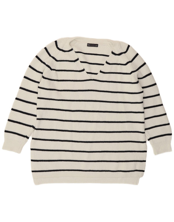 Marks & Spencer Damski sweter z dekoltem w kształcie litery V, UK 16, duże, białe paski