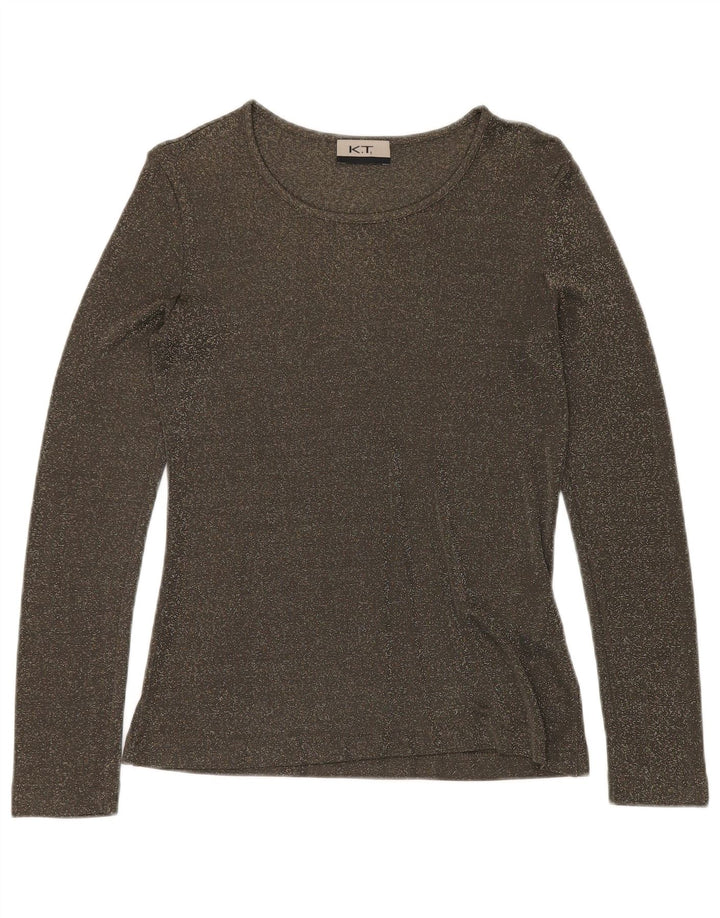 Top damski VINTAGE z długim rękawem UK 12, średnio zielona, nakrapiana wiskoza