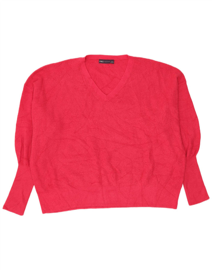 Marks & Spencer Damski sweter oversize z dekoltem w kształcie litery V, duży, różowy, wiskoza
