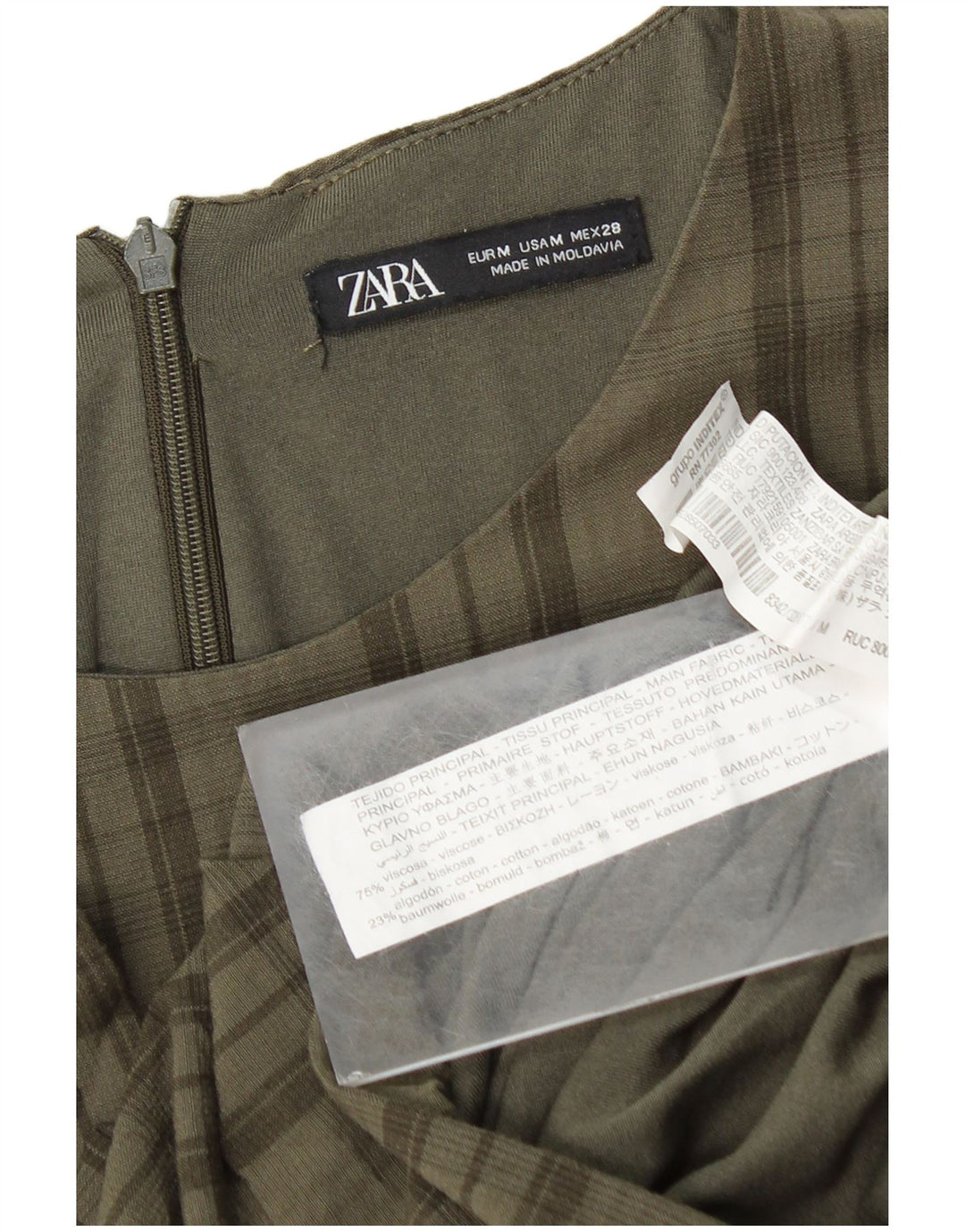 Damska sukienka typu shift z rękawem 3/4 Zara UK 12, średnia khaki, wiskoza w kratkę