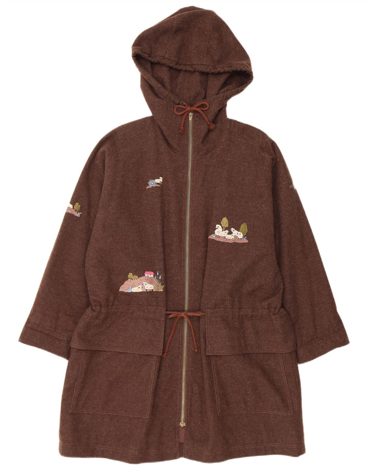 Vintage damska kurtka typu parka z kapturem, oversize, UK 10, mała, brązowa wełna