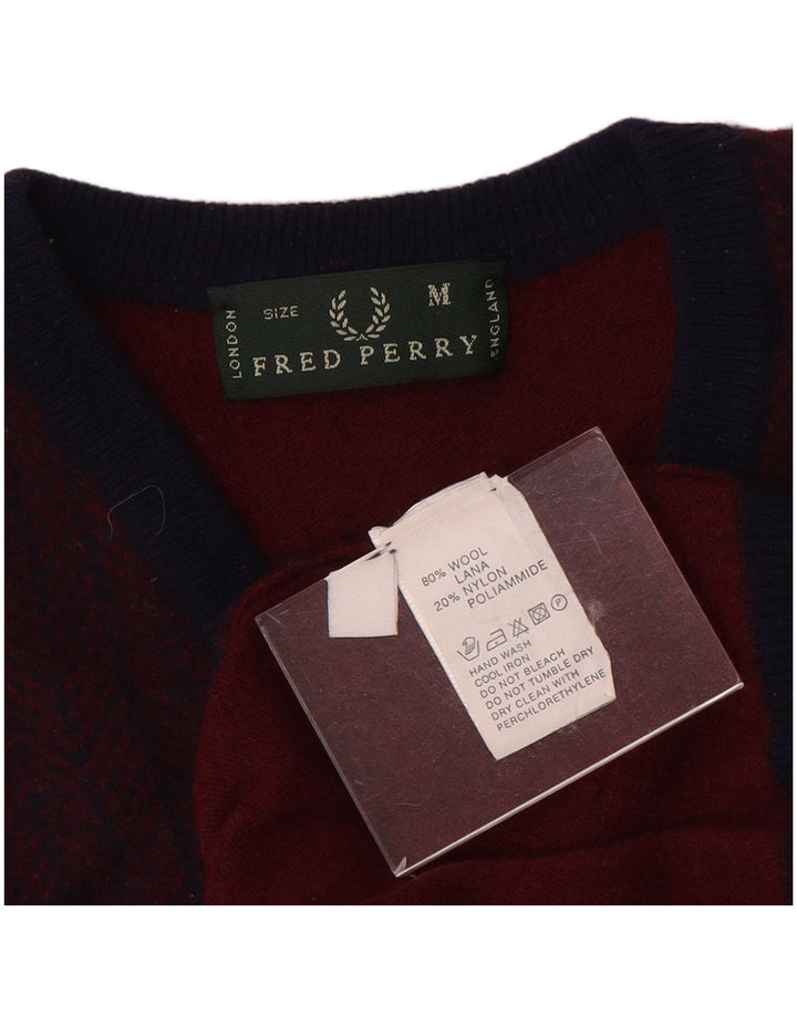 Męski sweter Fred Perry z dekoltem w kształcie litery V, wełna w kolorze średniego burgunda