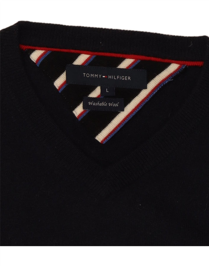 TOMMY HILFIGER Męski sweter z dekoltem w kształcie litery V, duży, granatowy, wełniany