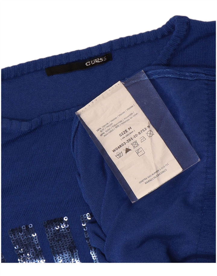 Damski sweter GUESS z graficznym dekoltem w łódkę UK 12 Średni niebieski wiskoza
