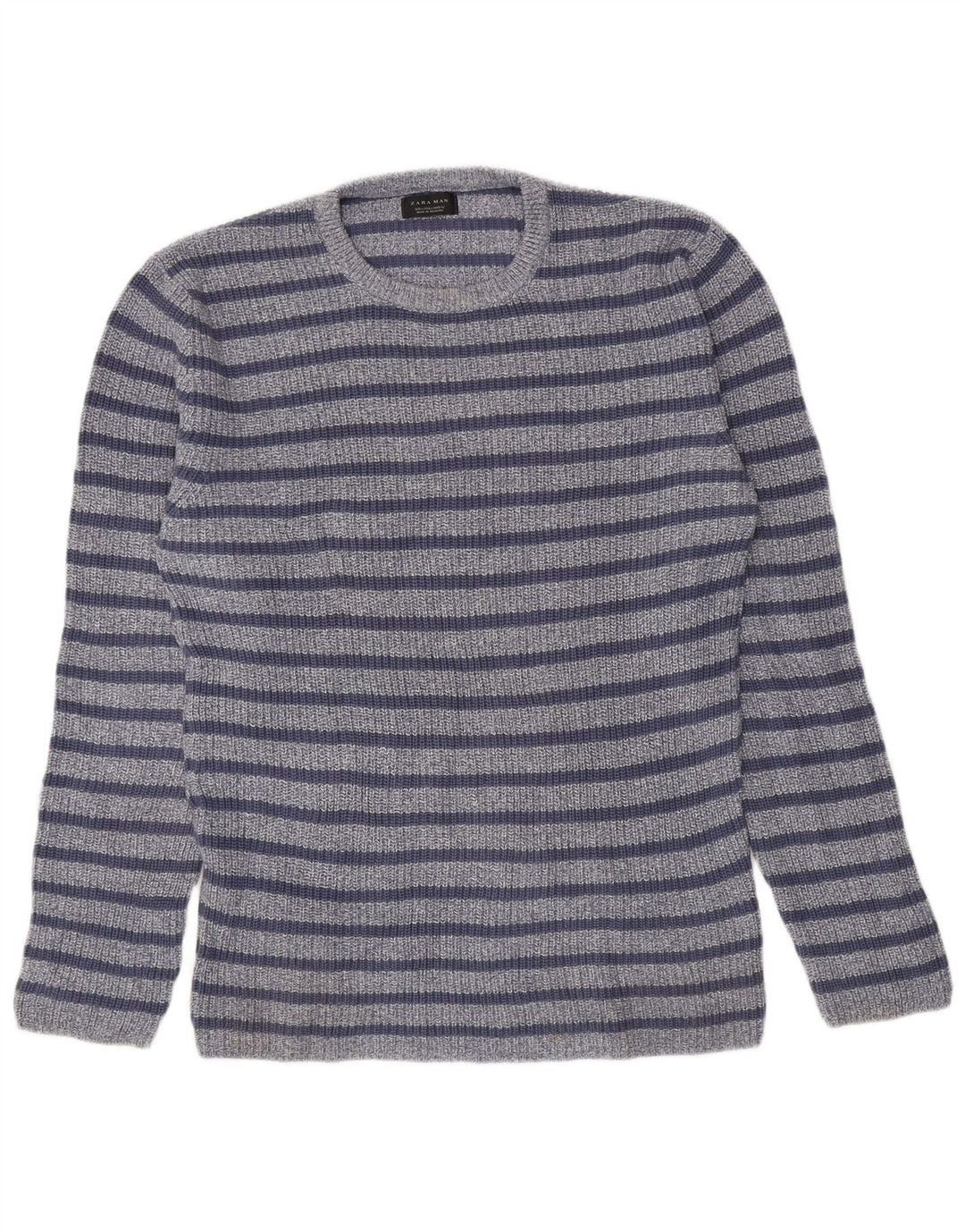 Męski sweter Zara z okrągłym dekoltem, duży, bawełniany w niebieskie paski