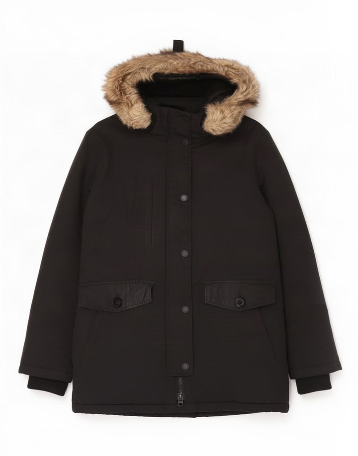 Damska kurtka parka z kapturem Superdry UK 12, średni czarny nylon