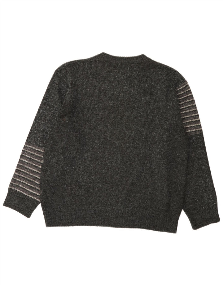 Vintage męski sweter z okrągłym dekoltem, średnio szary, geometryczny akryl