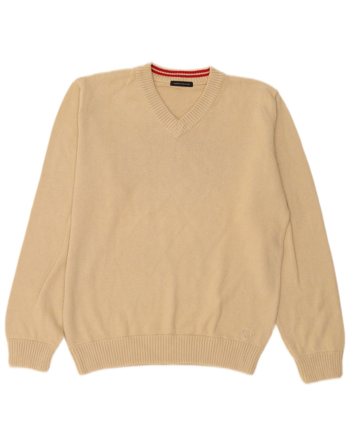 Męski sweter Sergio Tacchini z dekoltem w kształcie litery V, mały, beżowy, bawełniany
