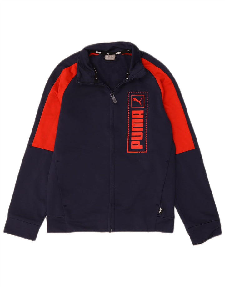 Chłopięca kurtka dresowa z grafiką PUMA, 9-10 lat, granatowa, z blokami kolorów