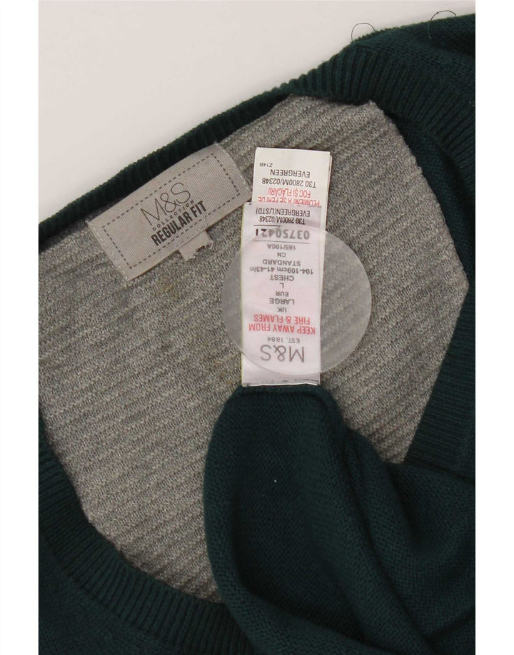 Marks & Spencer Męski sweter o regularnym kroju z dekoltem w kształcie litery V, duży, zielony, bawełniany