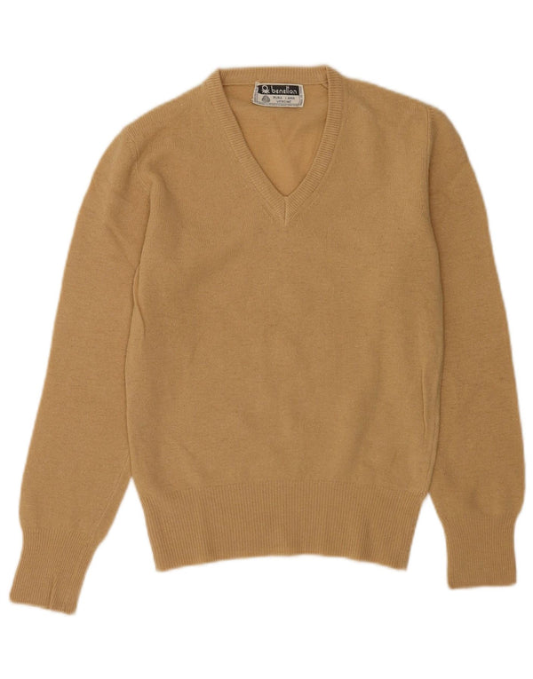 Sweter damski Benetton z dekoltem w kształcie litery V, UK 10, mały, beżowy, wełniany