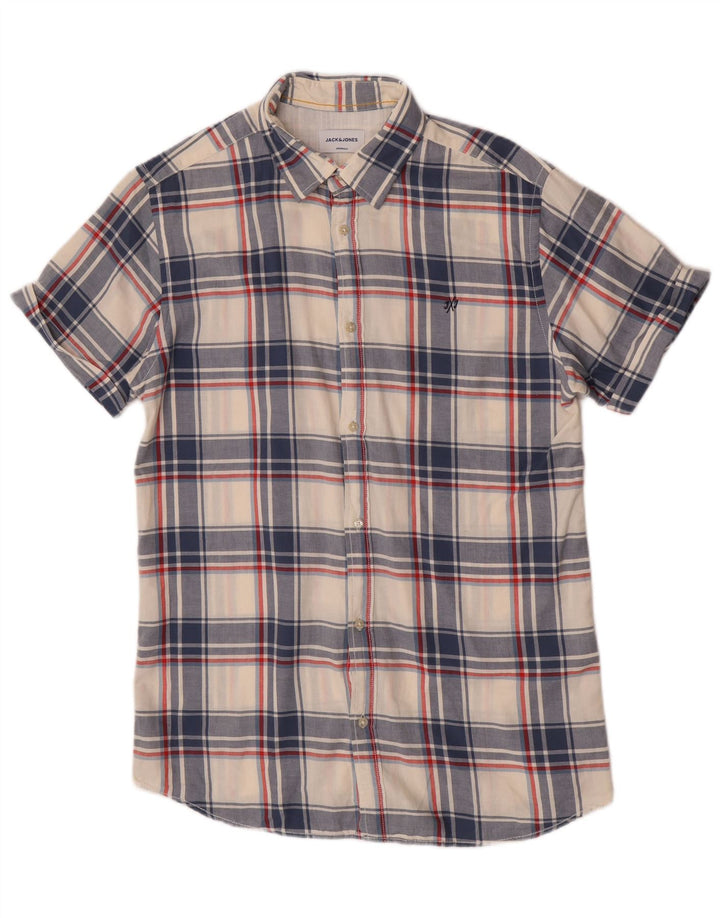 Męska koszula z krótkim rękawem Jack & Jones, duża, niebieska, bawełniana w kratę