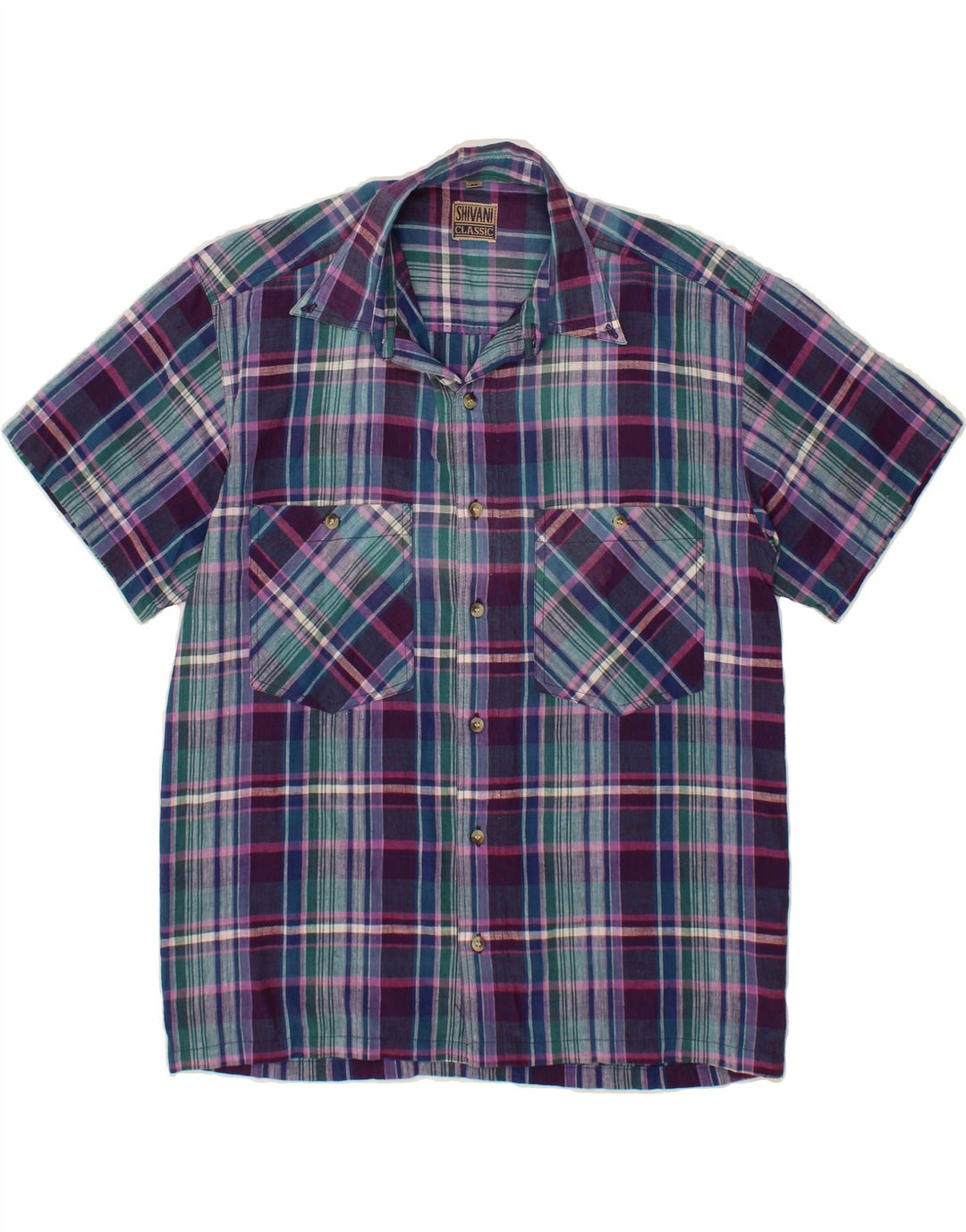 VINTAGE Mens Short Sleeve Shirt Medium Purple Check Vintage Vintage and Second-Hand Vintage from Messina Hembry 