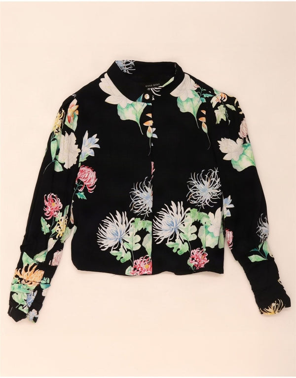 Damska krótka bluzka Zara z długim rękawem Top UK 10 Small Black Floral Wiskoza