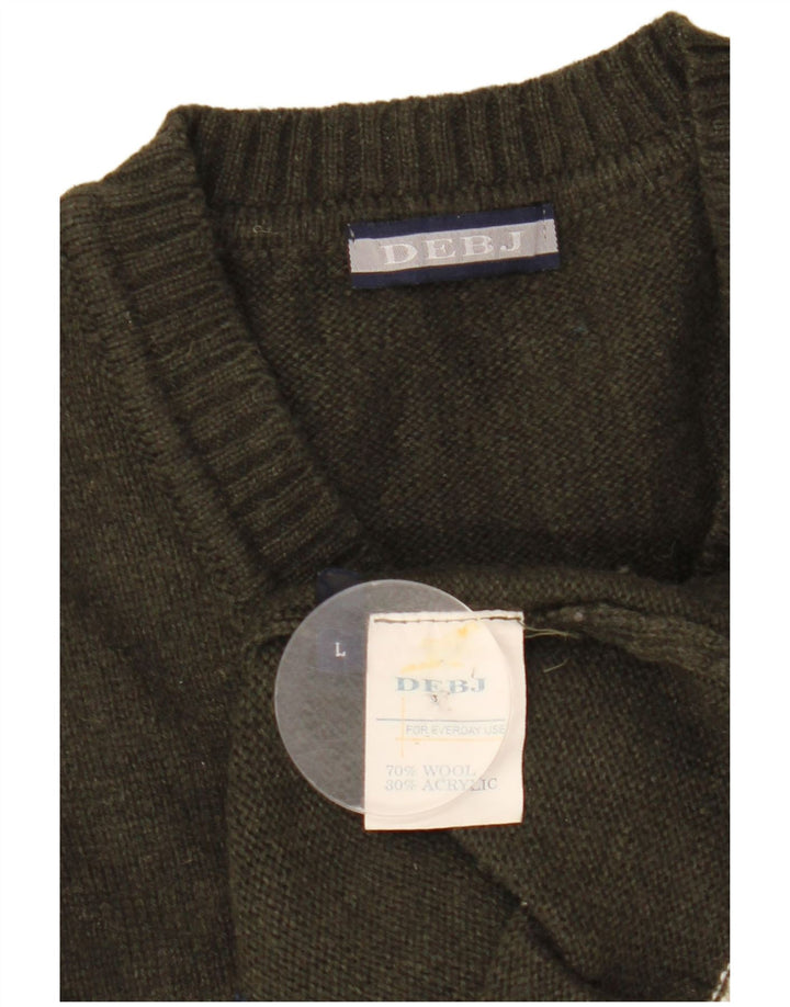 Męski sweter w stylu vintage z dekoltem w szpic, duży Khaki Argyle/diamentowa wełna
