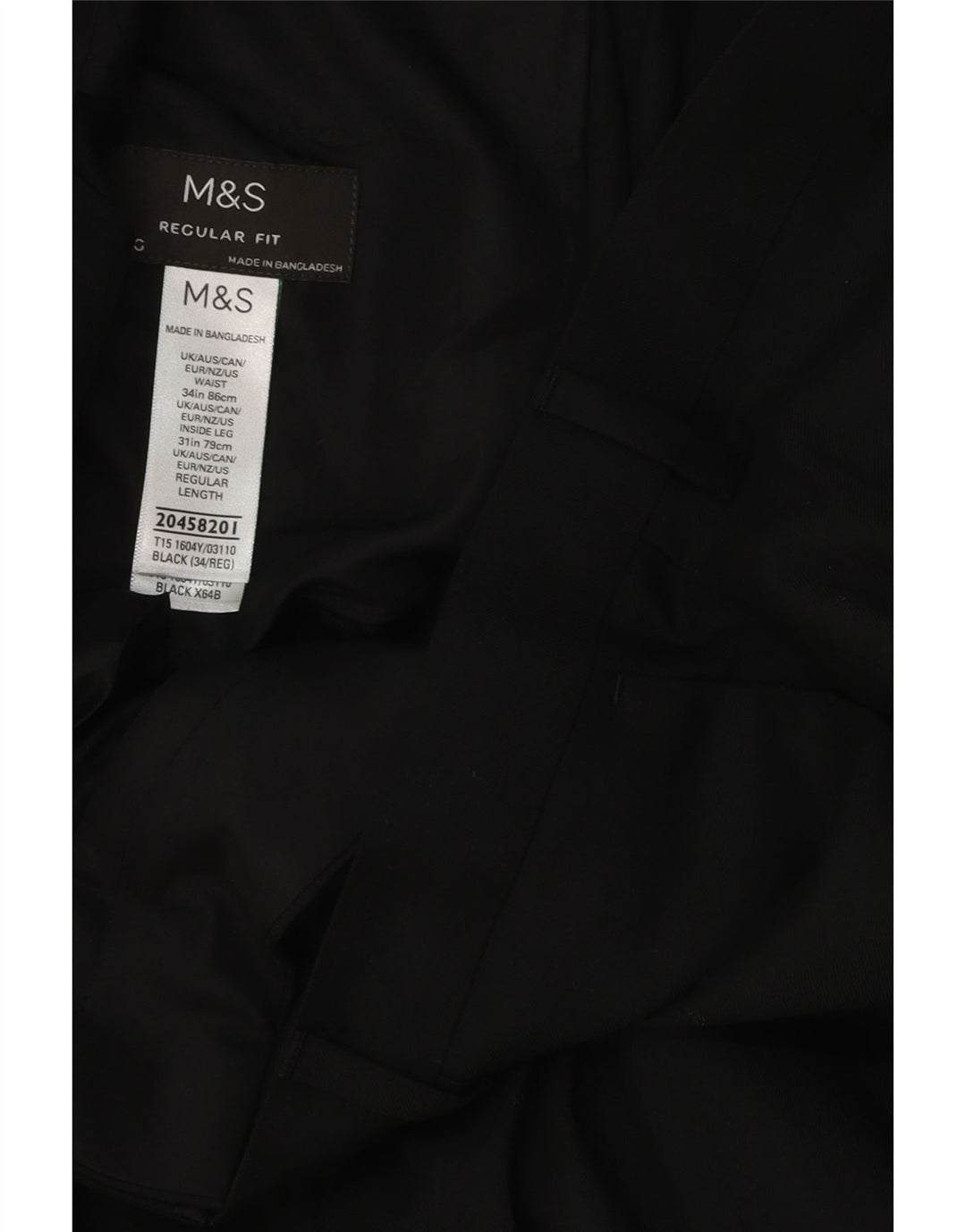 Męskie spodnie garniturowe Marks & Spencer o regularnym kroju W34 L31, czarny poliester