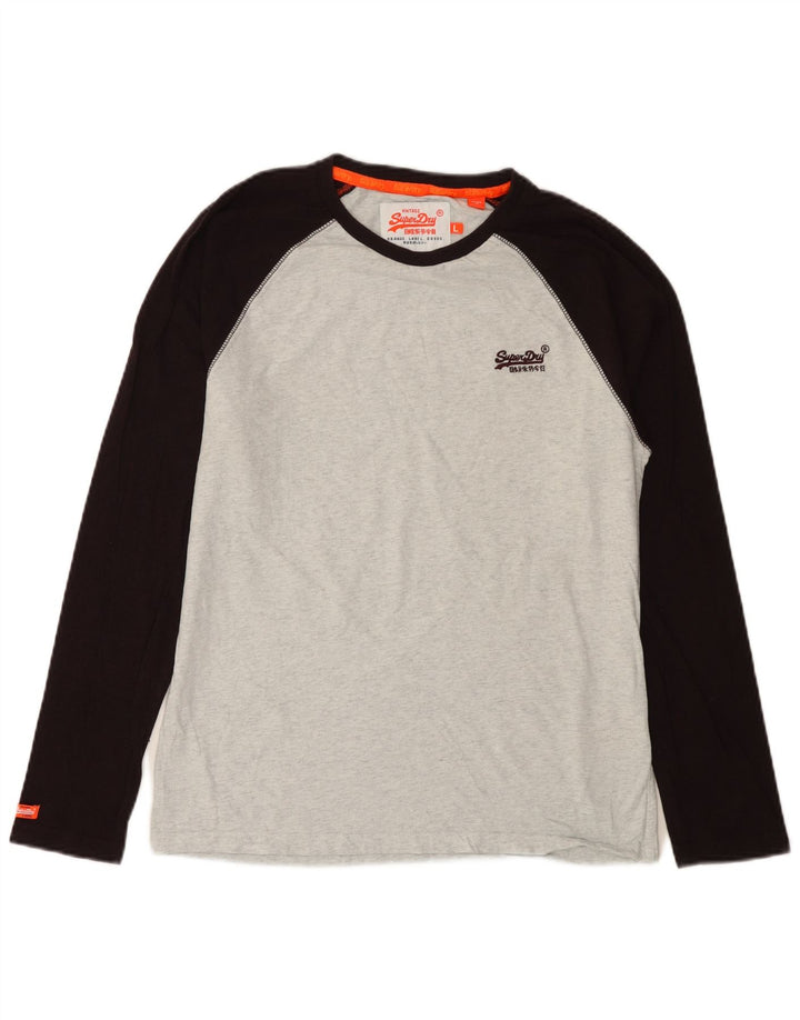 Superdry męski top z długim rękawem, duży, szary, bawełniany w bloki kolorów
