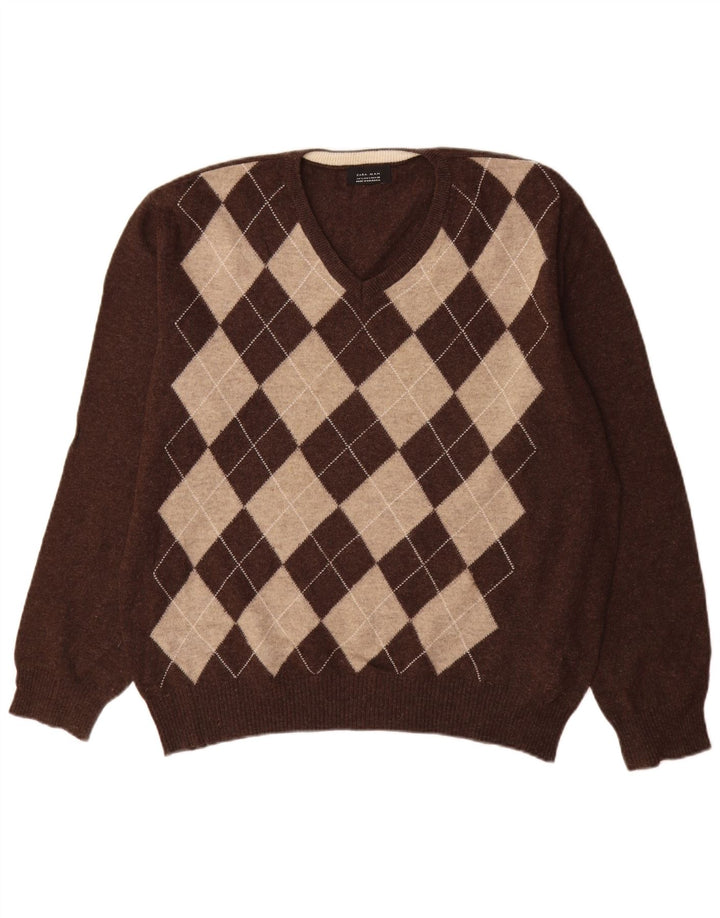 Męski sweter Zara z dekoltem w kształcie litery V, duży, brązowy, argyle/diamentowa wełna